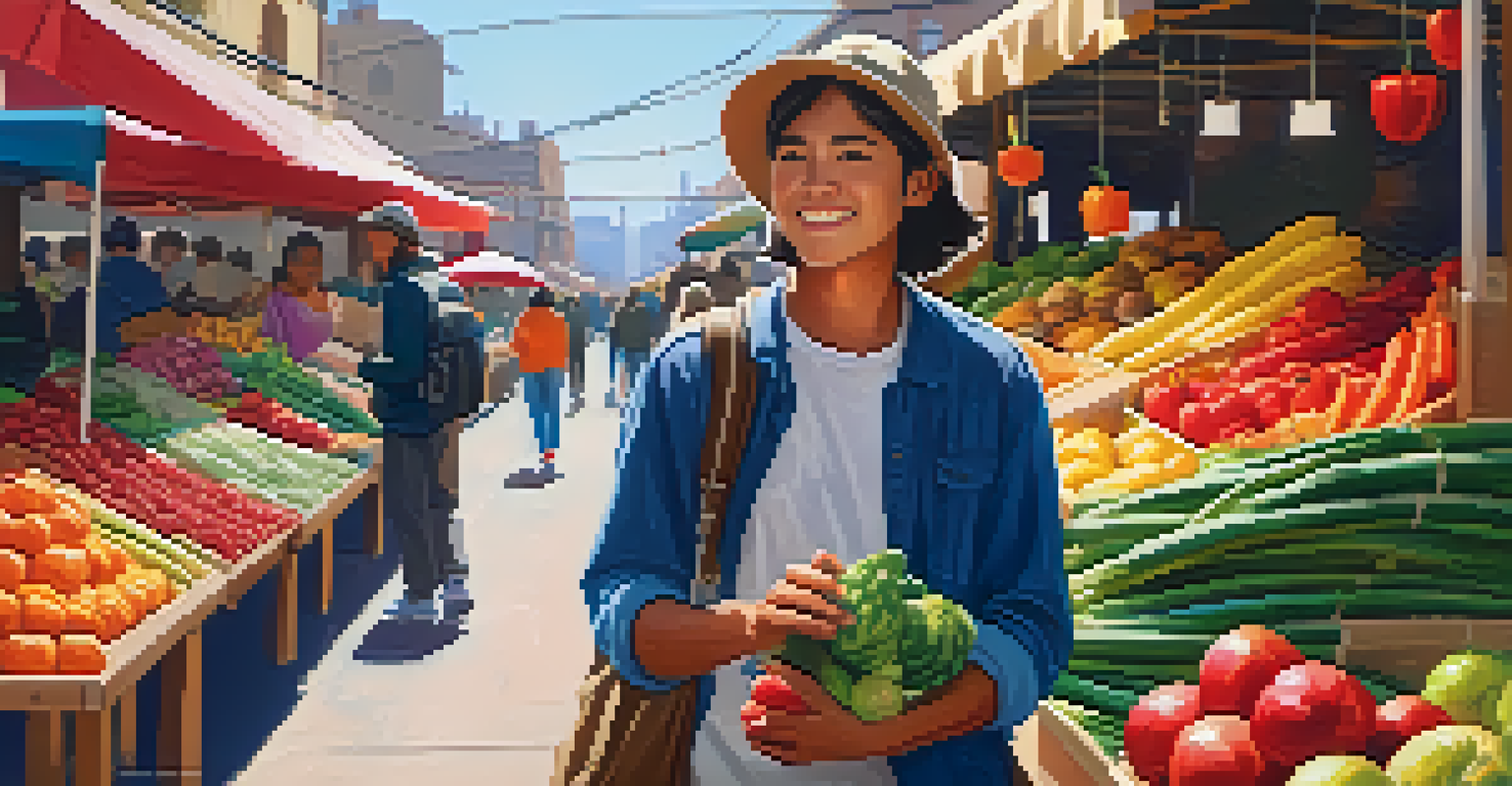 An international student interacting with a vendor at a lively local market, surrounded by colorful stalls and fresh produce.