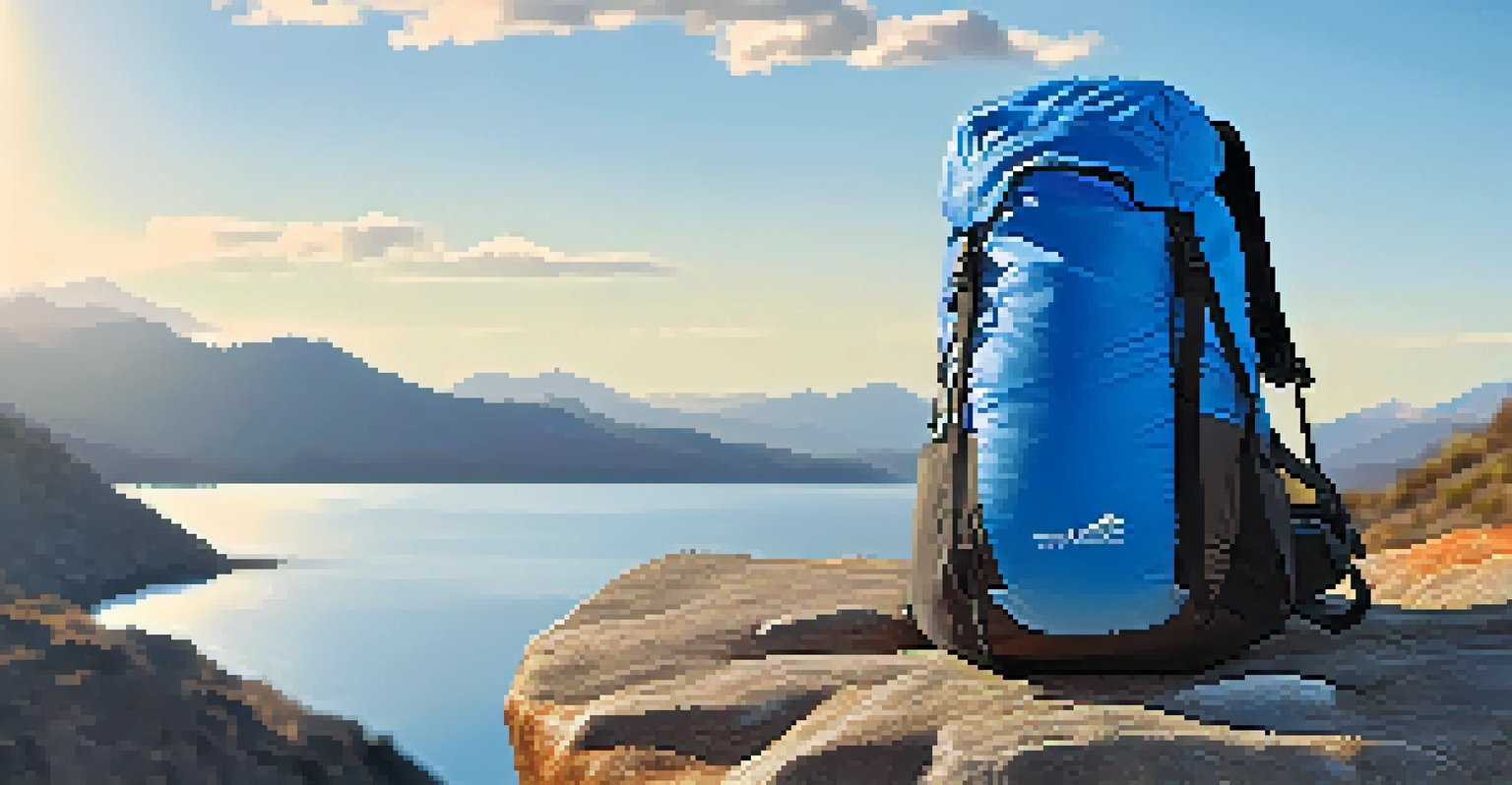 A close-up of a hydration reservoir with droplets, beside a rugged backpack on a rocky trail with mountains in the background.
