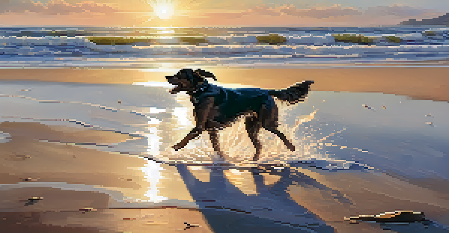 A dog joyfully running on a beach with the sunset and waves in the background.