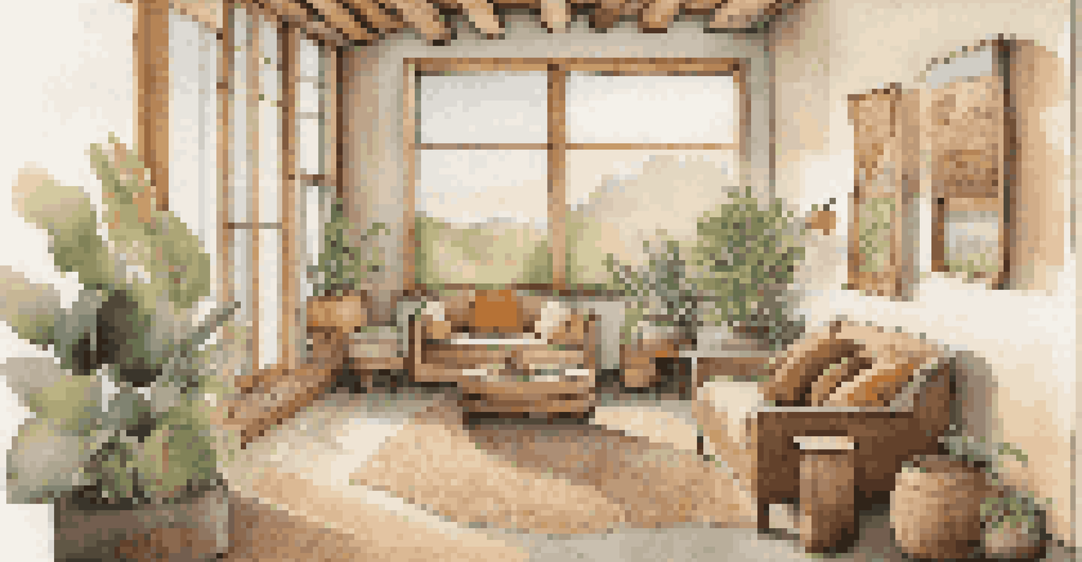 An eco-friendly hotel room with biodegradable furniture, local crafts, and large windows letting in natural light.