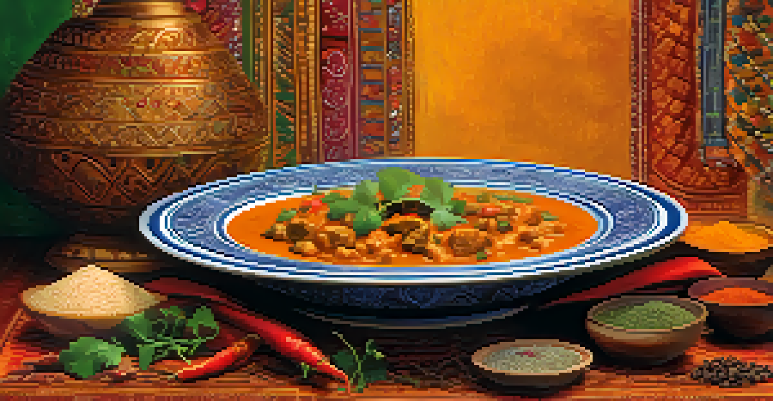 A beautifully arranged fusion dish combining Indian curry and French elements, with vibrant colors and cultural hints in the background.