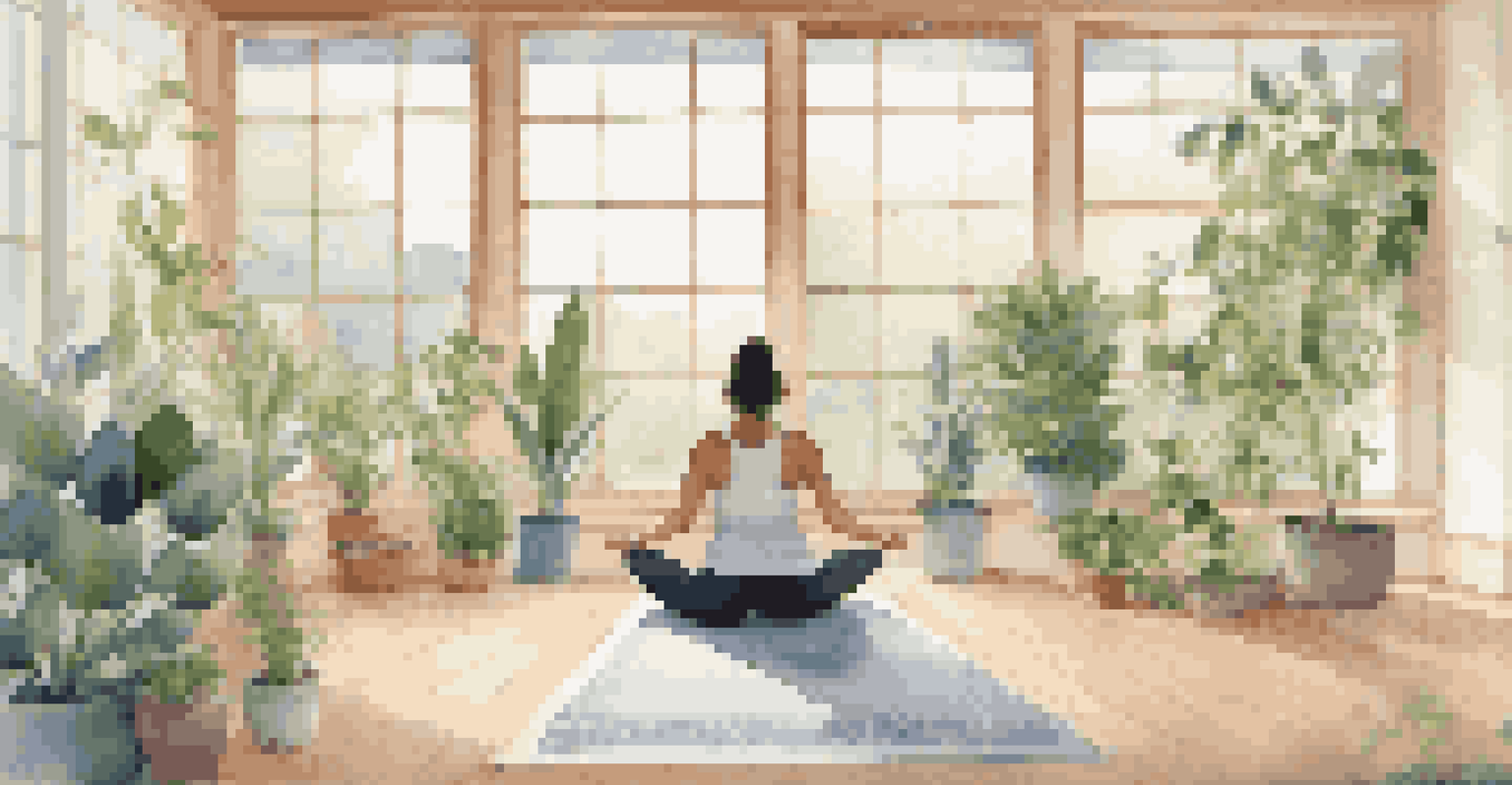 A tranquil yoga studio with a person practicing yoga on a mat, surrounded by plants and natural light.