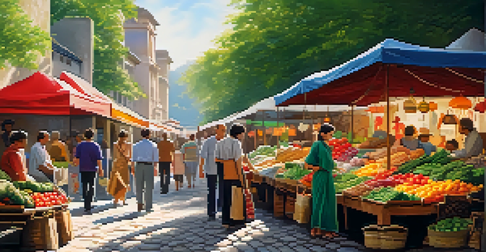 A tourist exploring a vibrant street market filled with colorful stalls and friendly locals, illuminated by soft sunlight.