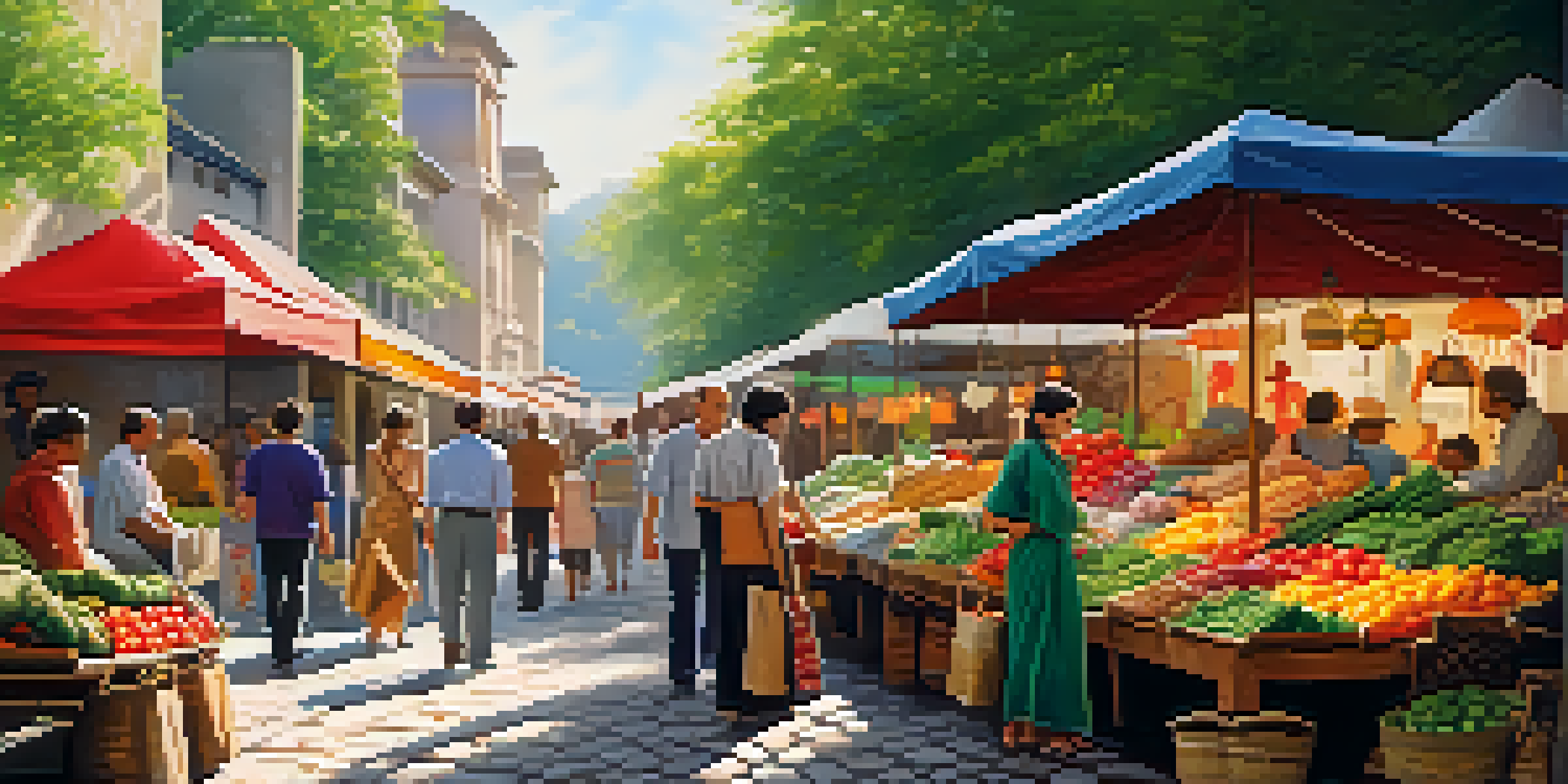 A tourist exploring a vibrant street market filled with colorful stalls and friendly locals, illuminated by soft sunlight.
