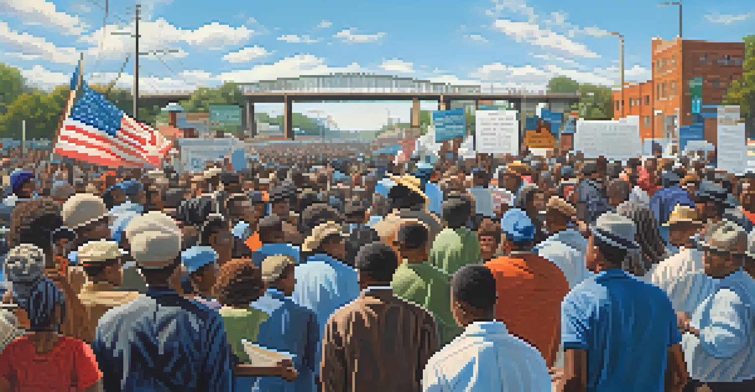 A lively commemorative event at the Edmund Pettus Bridge with a diverse crowd holding banners and signs for civil rights.