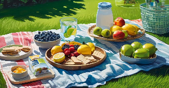 A picnic setup in a green park with healthy snacks, fruits, and infused water under sunlight.