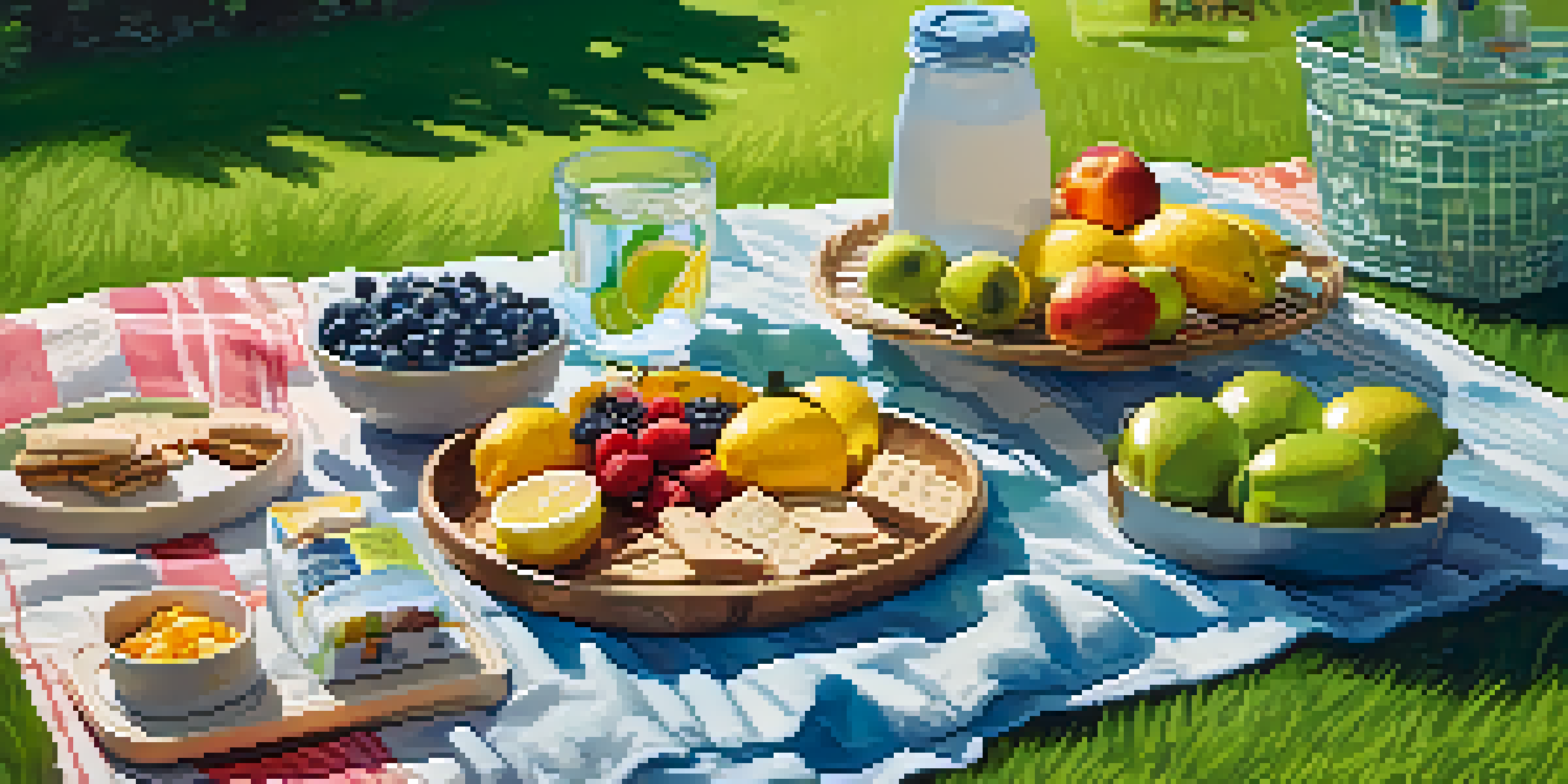 A picnic setup in a green park with healthy snacks, fruits, and infused water under sunlight.