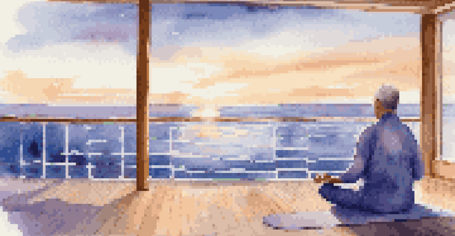 A person meditating on a cruise ship deck at sunrise, with calm ocean waves and a soft, peaceful atmosphere.
