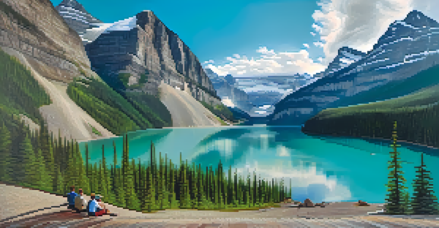 Stunning view of Lake Louise in the Canadian Rockies, with turquoise waters and majestic mountain peaks in the background, along with hikers enjoying the scenery.