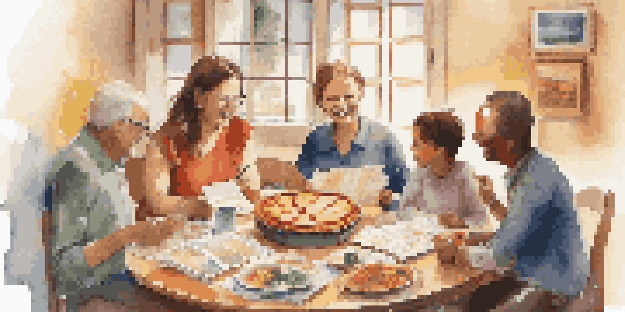 A family discussing travel plans at a table with a pie chart budget, surrounded by maps and brochures in a warmly lit room.