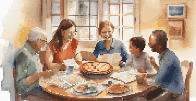 A family discussing travel plans at a table with a pie chart budget, surrounded by maps and brochures in a warmly lit room.