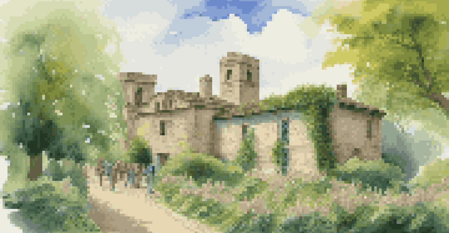 A beautiful historical site with an old stone building surrounded by greenery and people exploring.