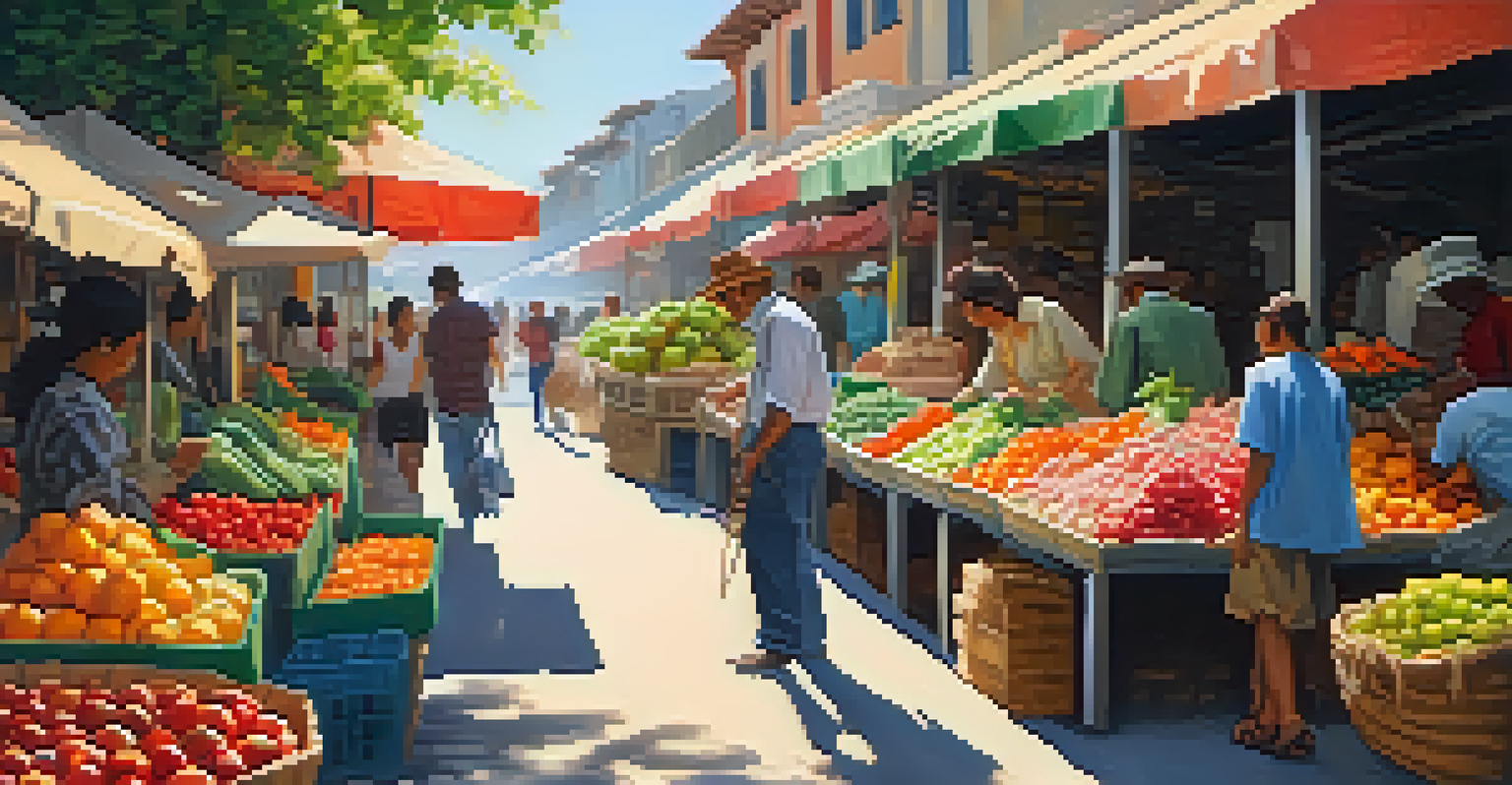 A traveler talking to a vendor in a colorful local market, surrounded by fresh produce and handmade items.