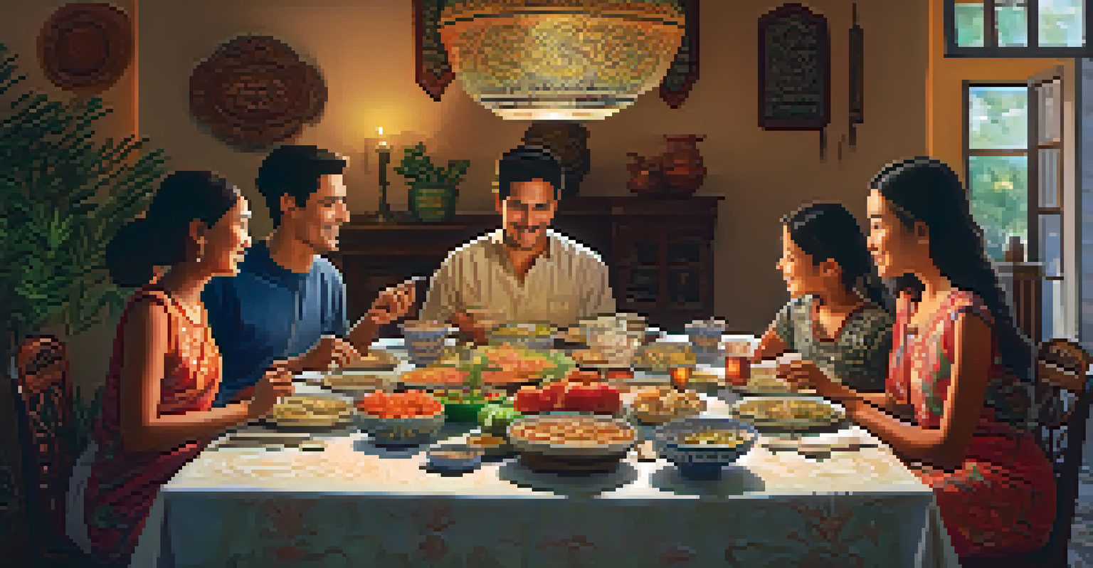 A family enjoying a traditional meal together at a beautifully set dining table, illuminated by candlelight.