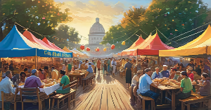 A lively culinary festival with people enjoying diverse regional dishes, colorful banners, and a golden sunset in the background.