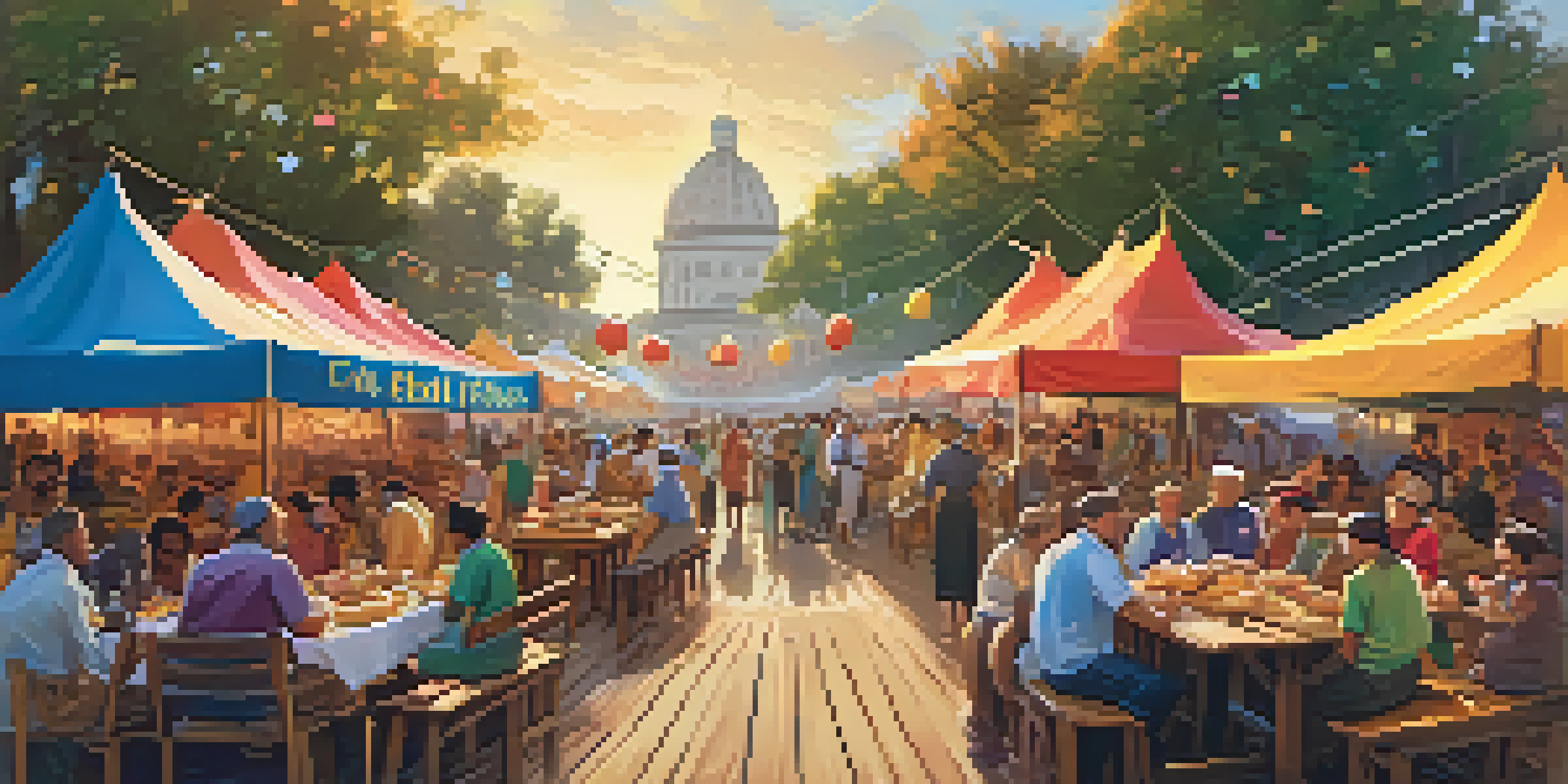 A lively culinary festival with people enjoying diverse regional dishes, colorful banners, and a golden sunset in the background.