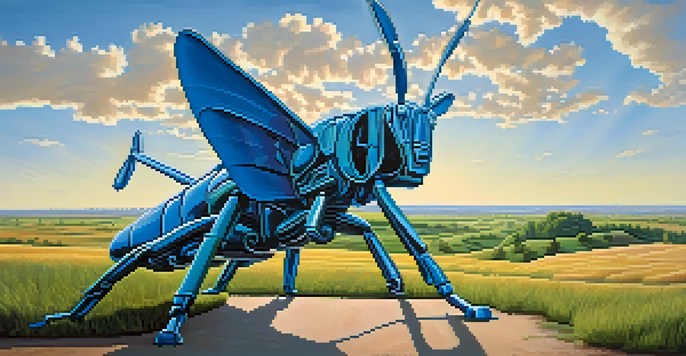 A giant grasshopper sculpture on the Enchanted Highway with green fields and a blue sky.