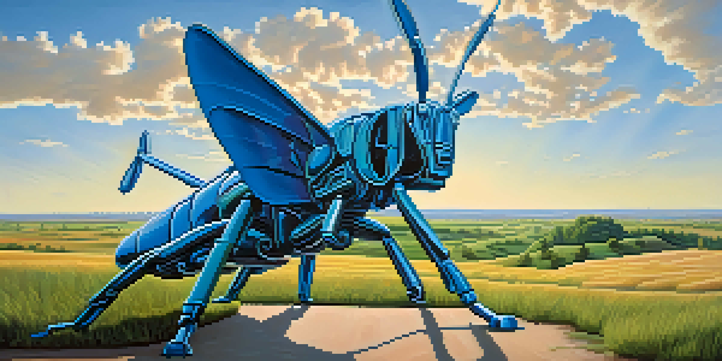 A giant grasshopper sculpture on the Enchanted Highway with green fields and a blue sky.