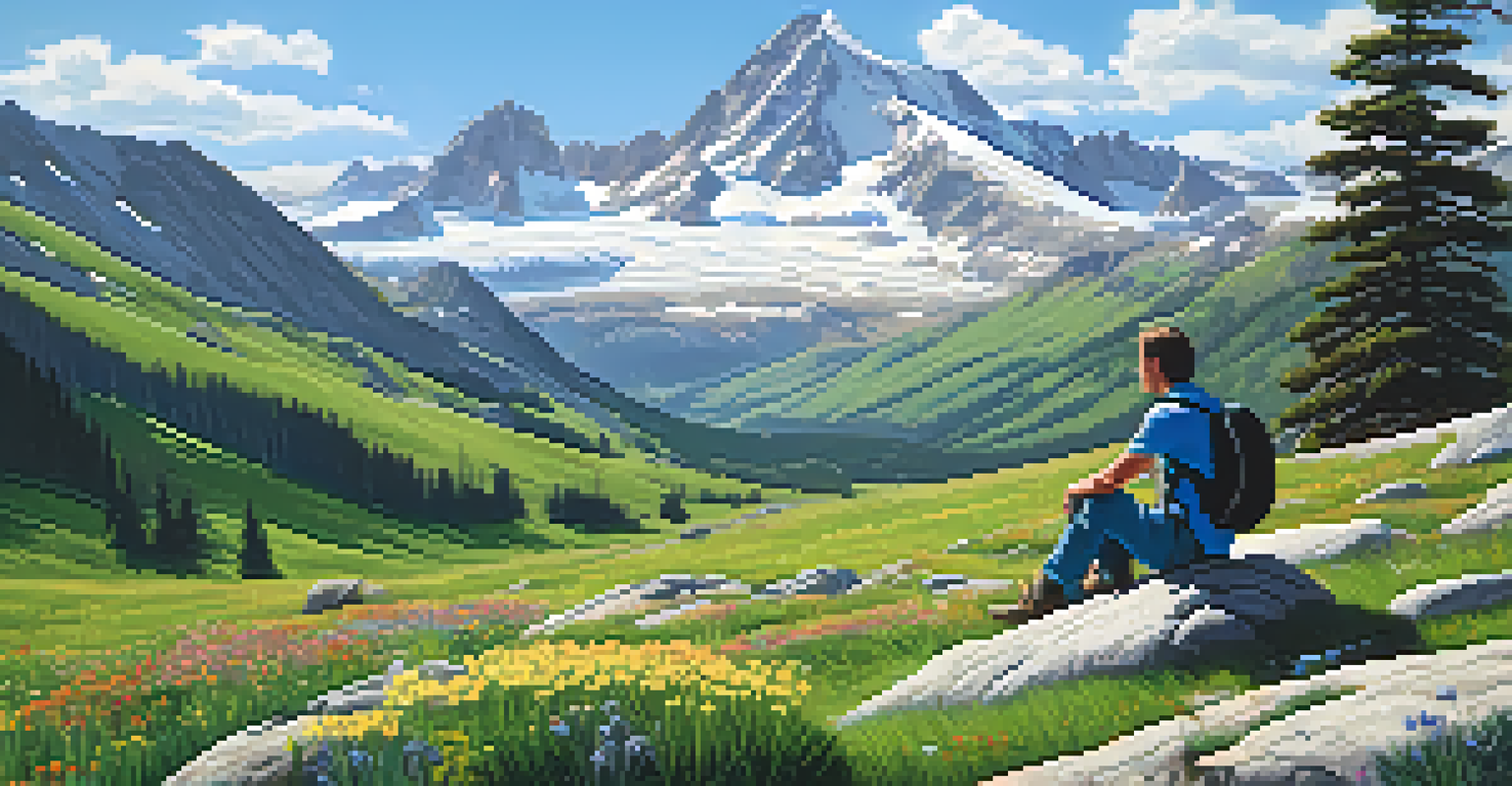 A stunning mountain view with snow-capped peaks, a hiker resting on rocks, and blooming wildflowers in the foreground.