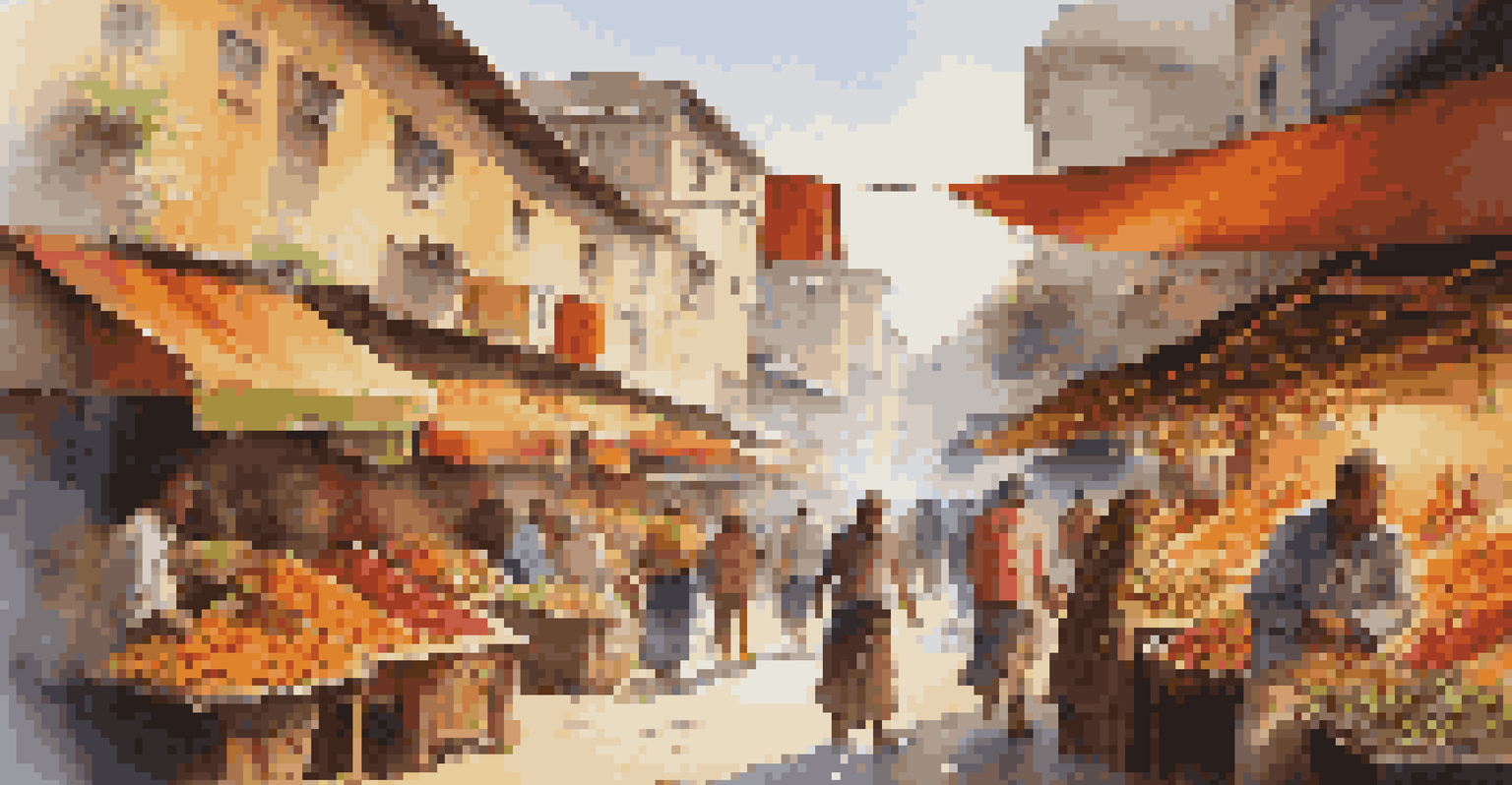 A lively market scene with colorful stalls and street artists in a foreign city.