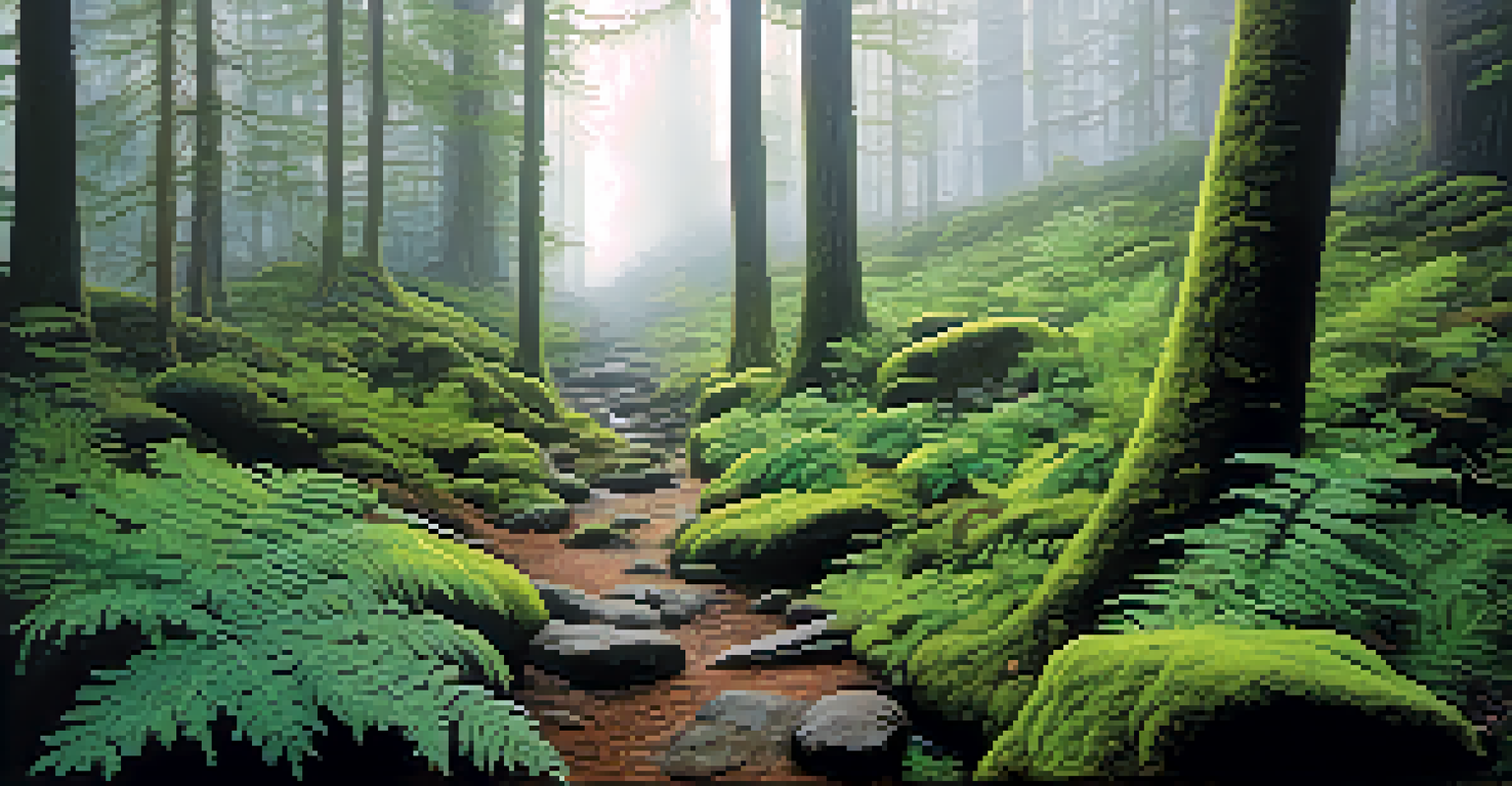 A peaceful forest with diffused light, ferns, and tall trees shrouded in mist.