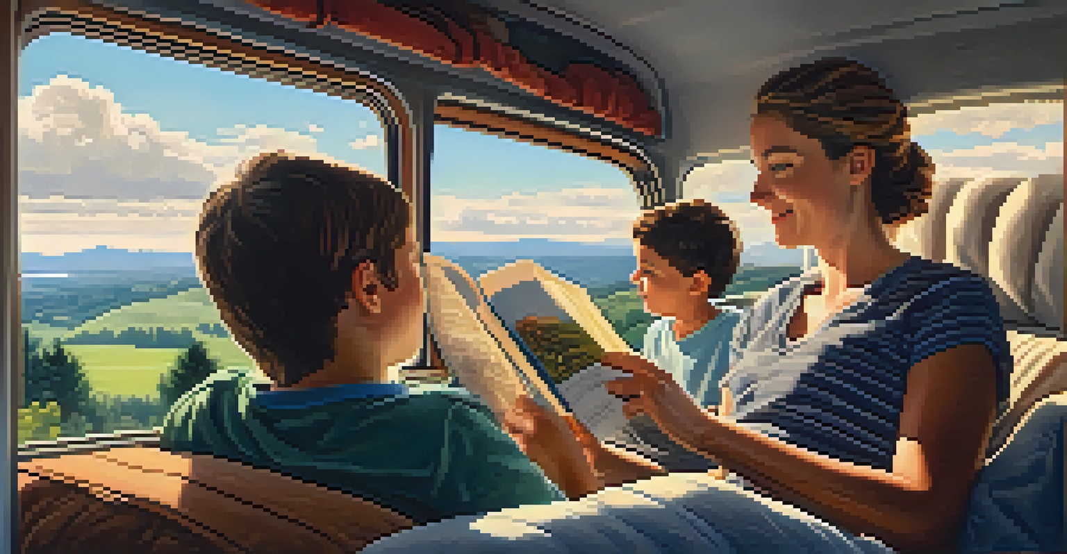 A family comfortably listening to audiobooks in a cozy car interior, with sunlight streaming through the windows and a beautiful countryside view outside.