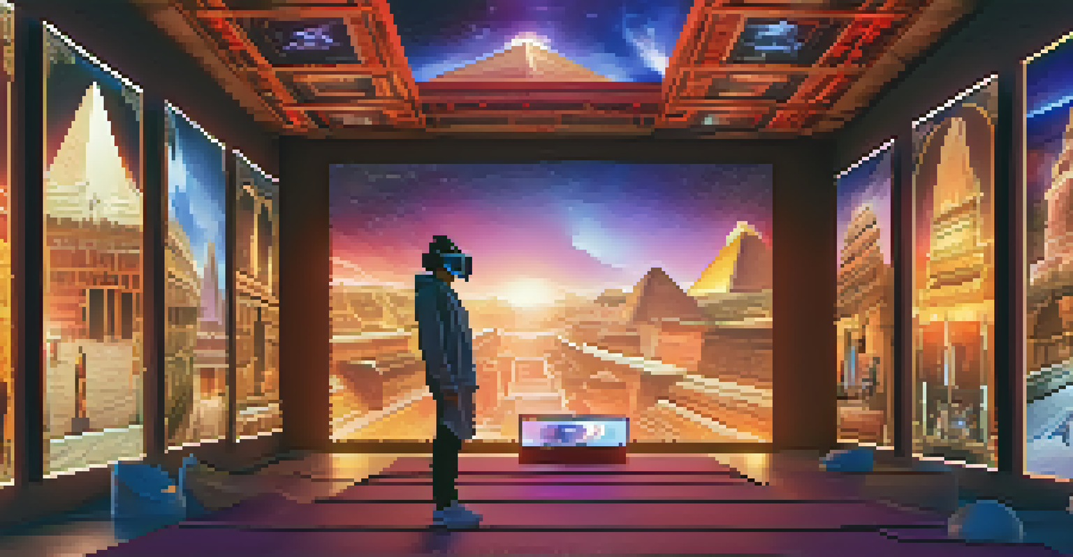 A person using a VR headset in a room filled with digital images of global landmarks.