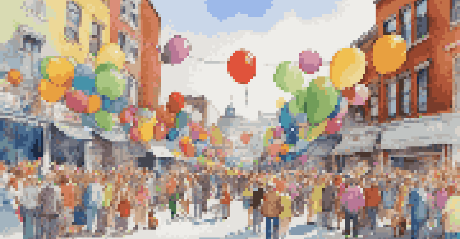 A festive pet parade in a city street with decorated pets and happy spectators, filled with colorful balloons and banners.