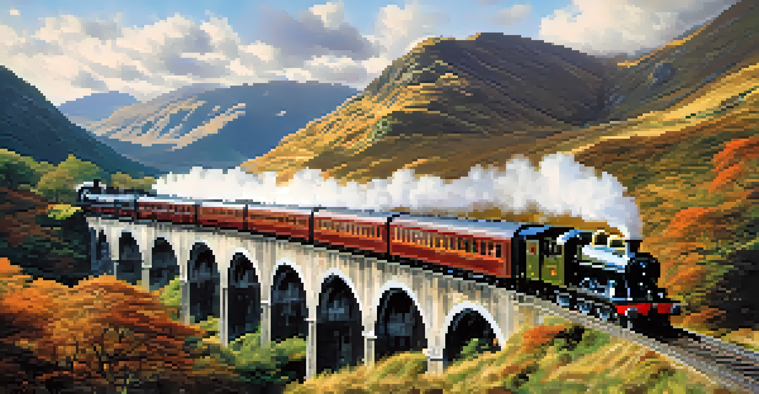 The Jacobite Steam Train crossing the Glenfinnan Viaduct in Scotland, surrounded by rolling hills and dramatic skies, evoking a magical atmosphere.