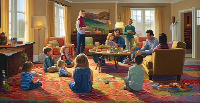 A vibrant family reunion scene with children playing and adults enjoying a meal in a cozy living room.