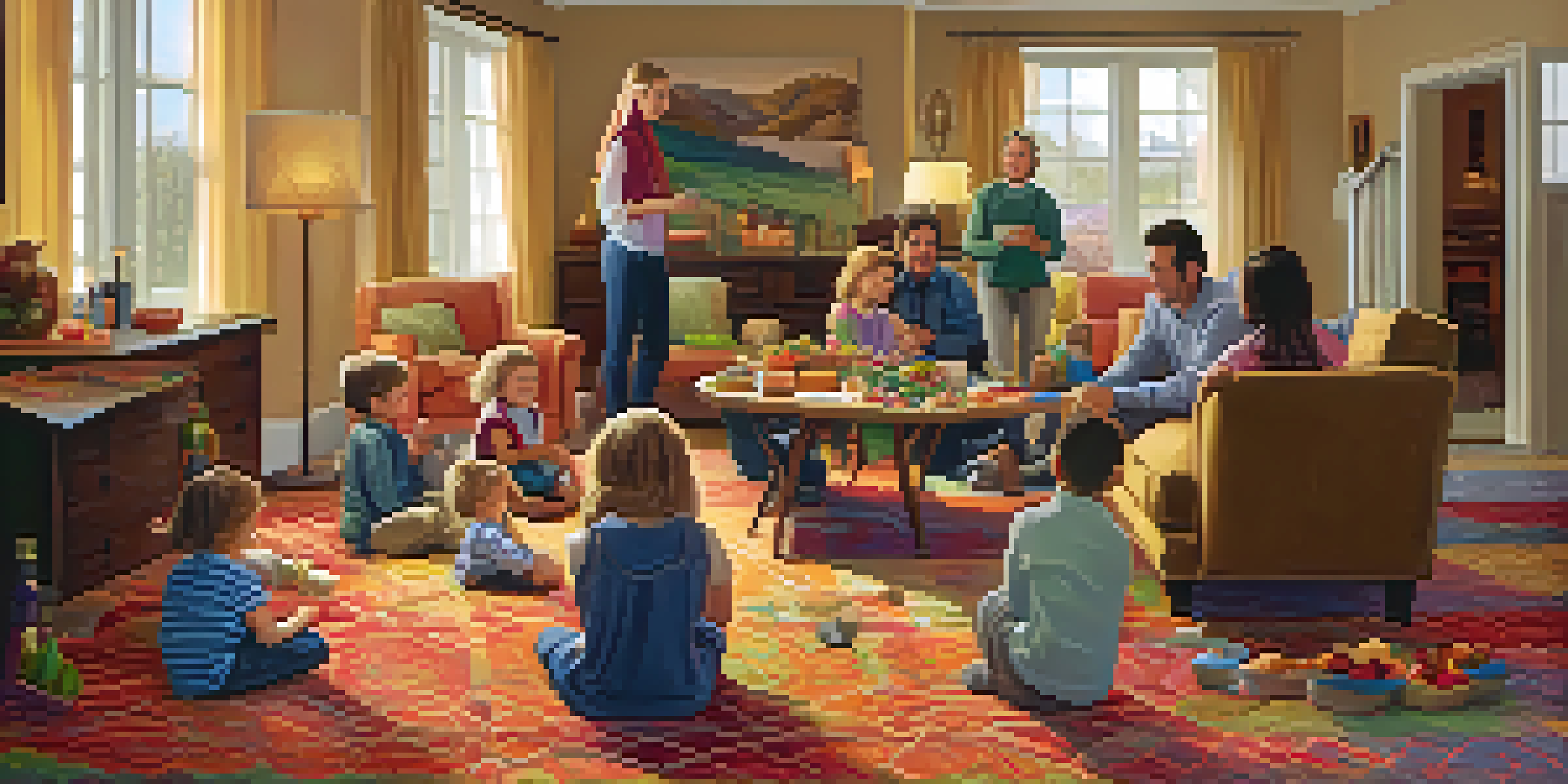 A vibrant family reunion scene with children playing and adults enjoying a meal in a cozy living room.