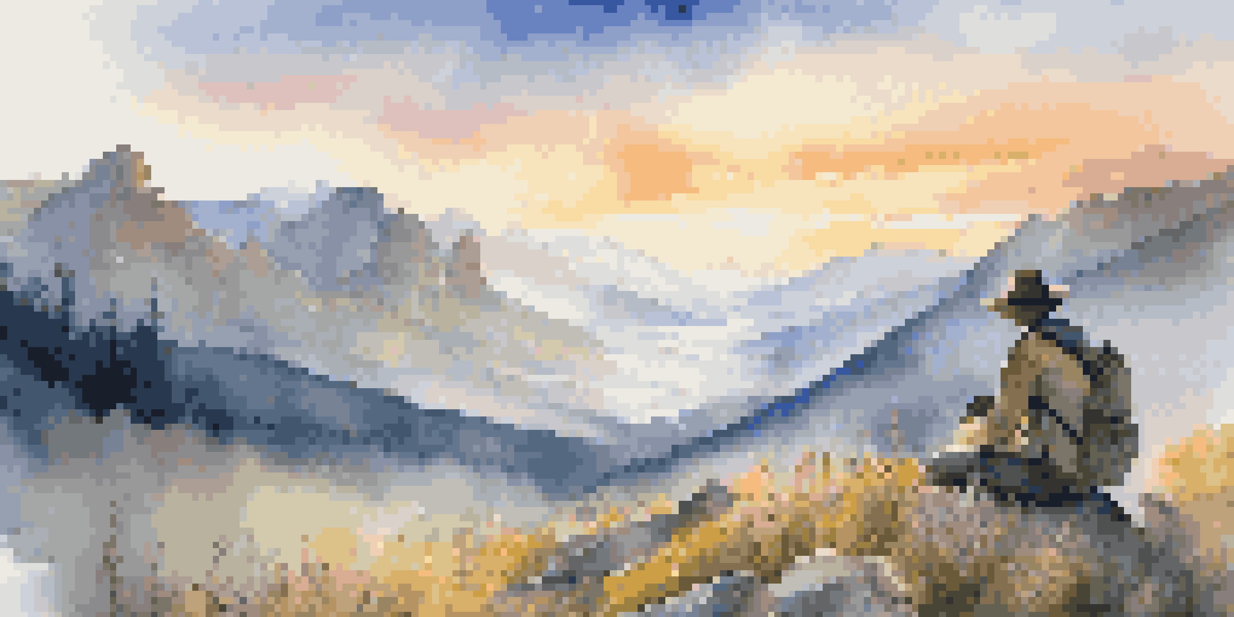 A traveler photographing a sunrise over misty mountains, surrounded by colorful wildflowers.