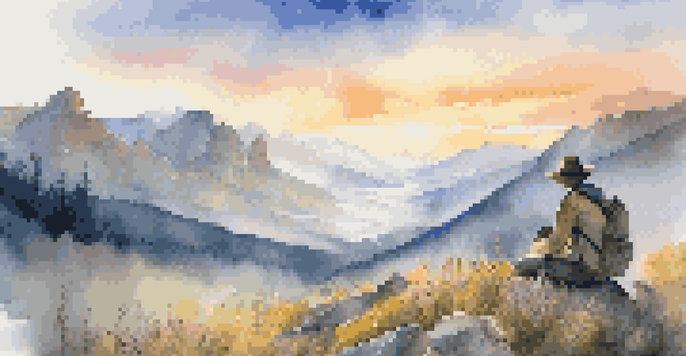 A traveler photographing a sunrise over misty mountains, surrounded by colorful wildflowers.