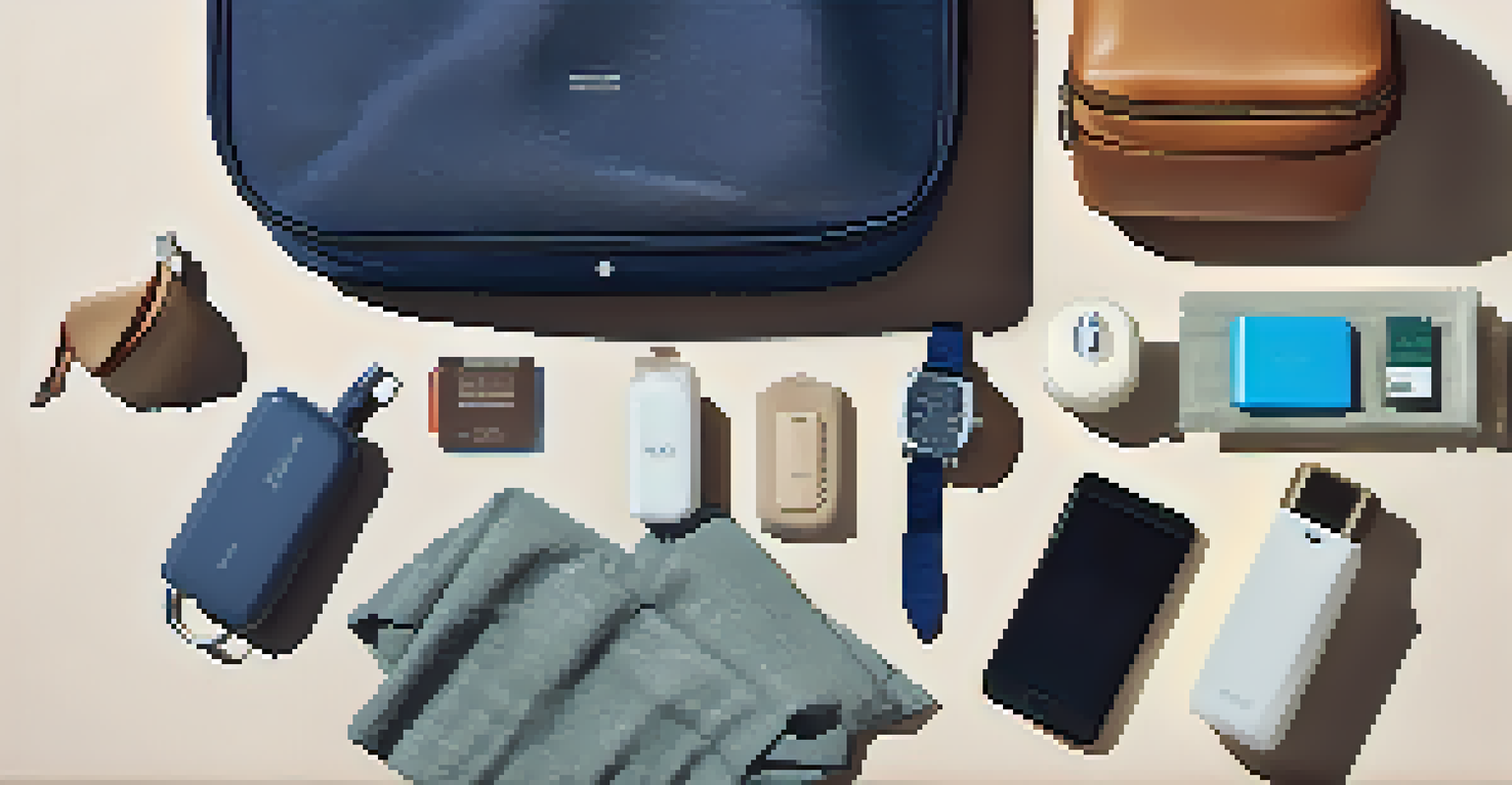 An organized display of travel accessories, including a charger, toiletry kit, blanket, and tote bag.