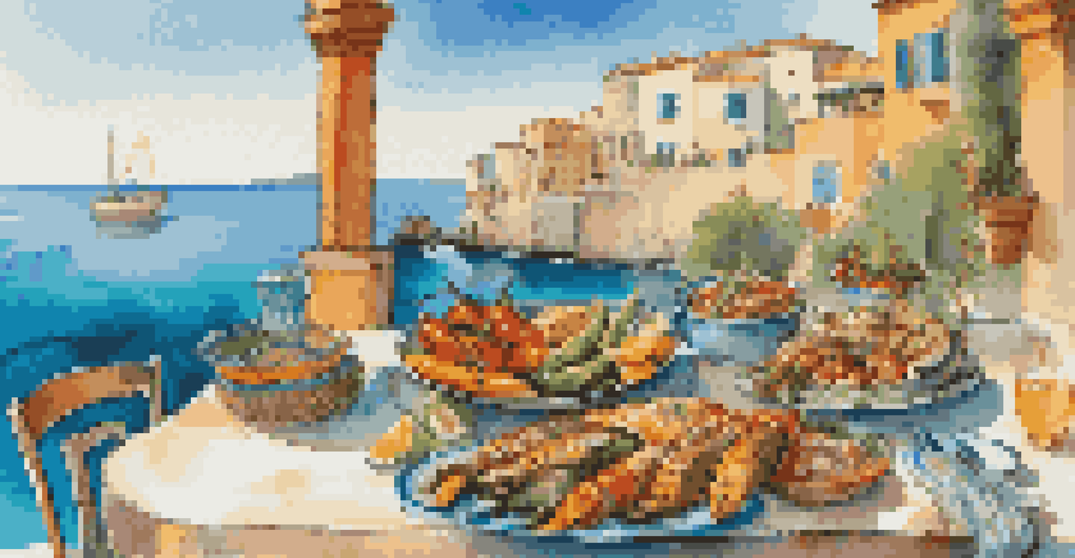 A summer dining scene on a Mediterranean terrace with grilled vegetables and fresh fish, overlooking the sea bathed in golden sunlight.