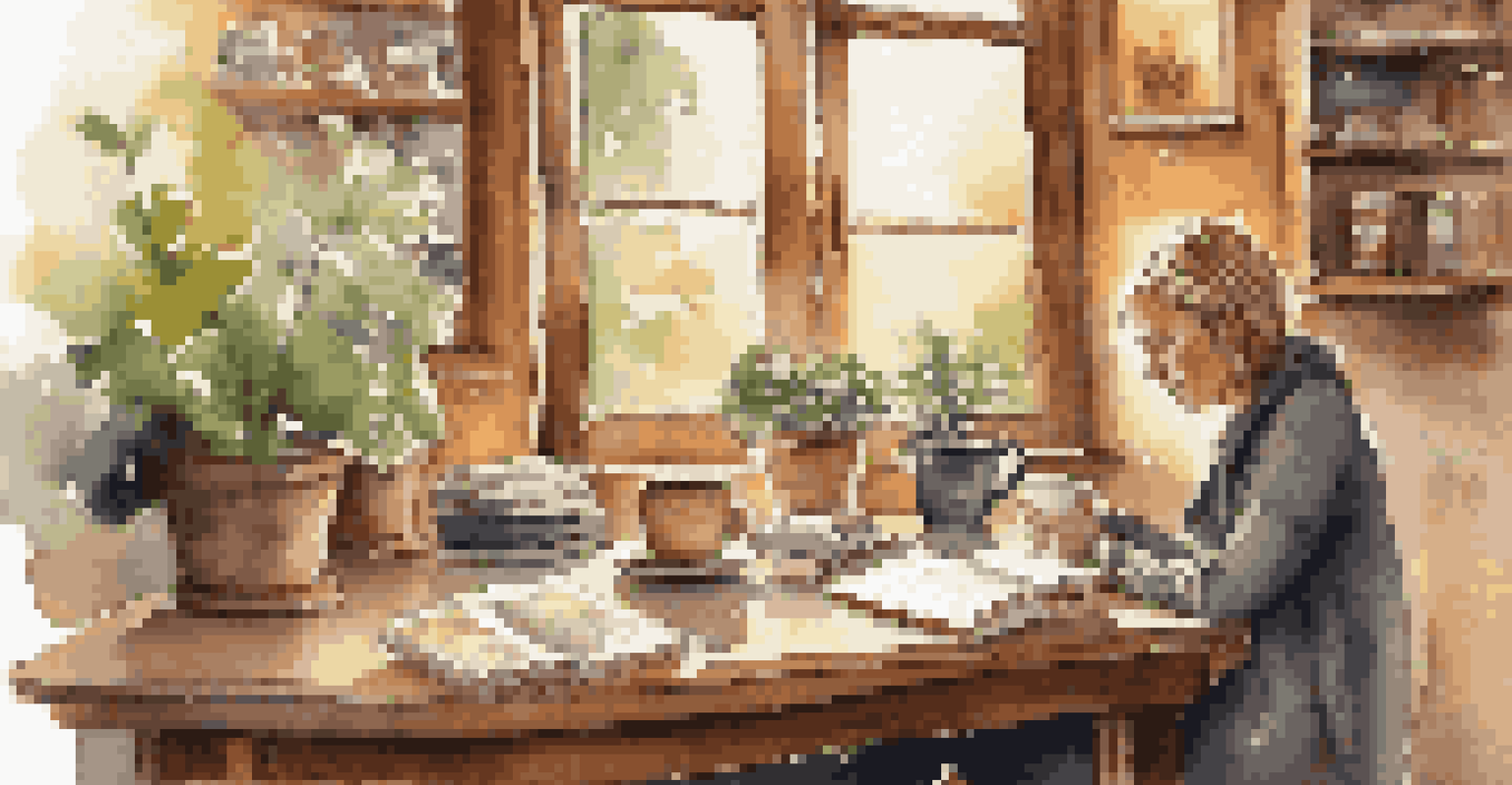 A person sits at a table in a coffee shop, writing in a travel journal with a cup of coffee beside them.