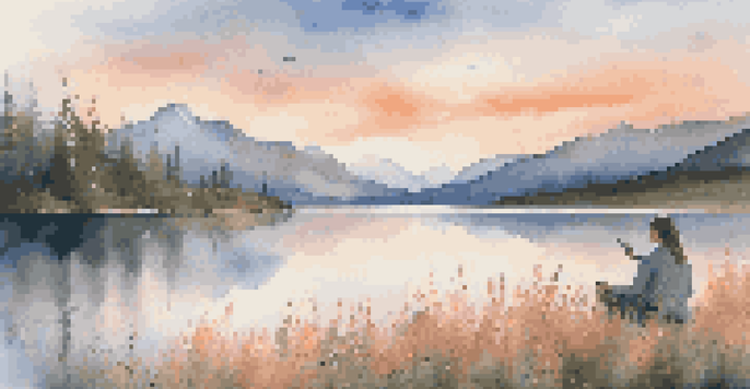A tranquil lake at sunset with mountains in the background and a photographer capturing the view.