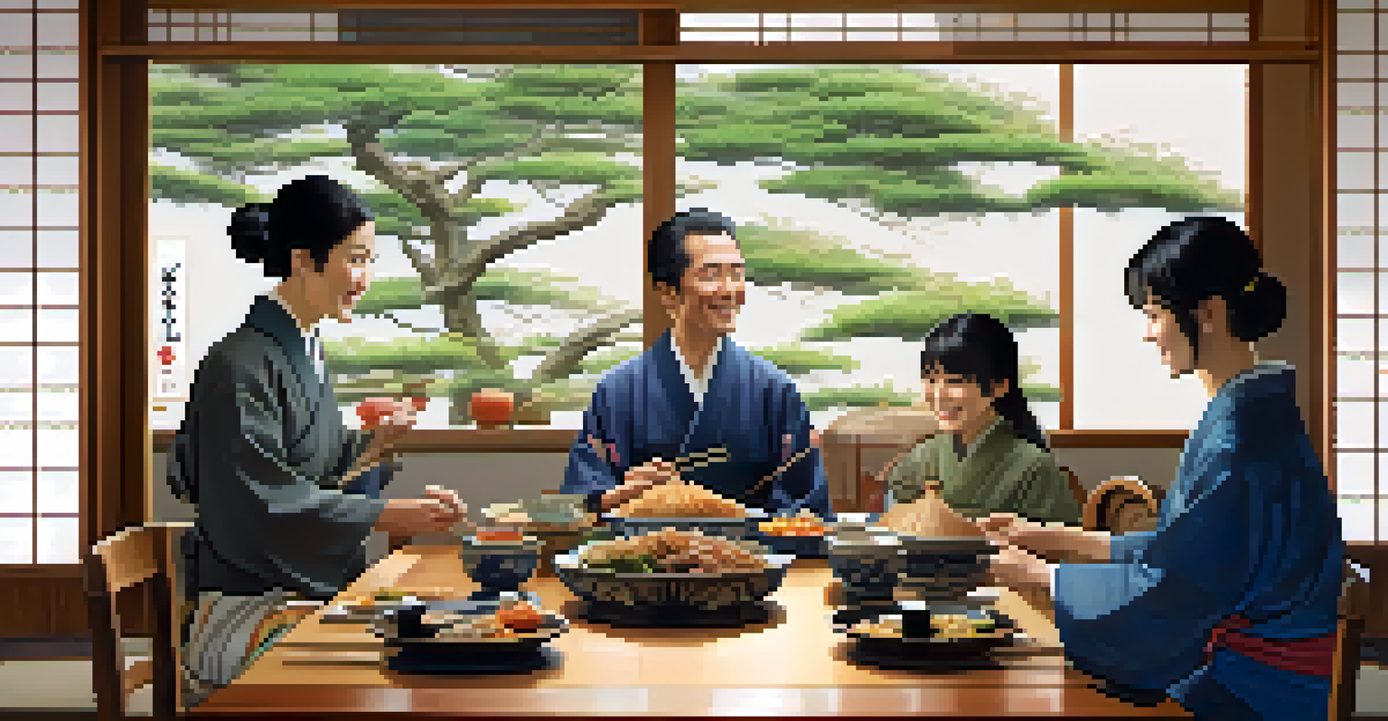 A Japanese family sharing a traditional meal at a dining table filled with beautifully arranged dishes, with warm light in the room.