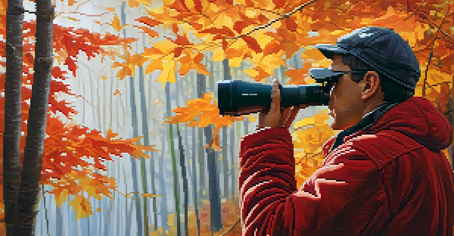 A birdwatcher with binoculars and a camera in an autumn forest filled with colorful leaves.
