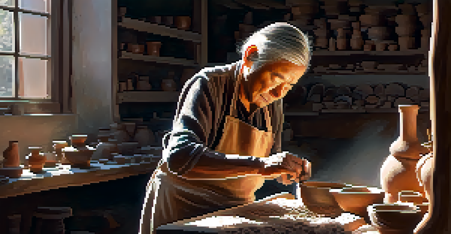 A portrait of an elderly artisan shaping pottery in a sunlit workshop, surrounded by tools.