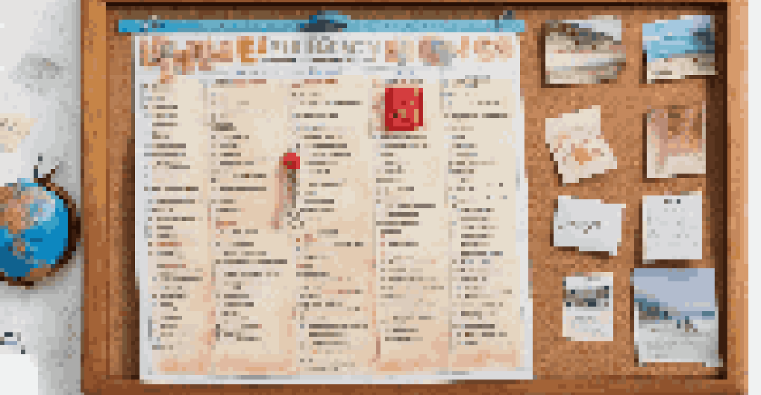 A close-up of a personal emergency contact list pinned on a corkboard surrounded by colorful pushpins and travel photos.