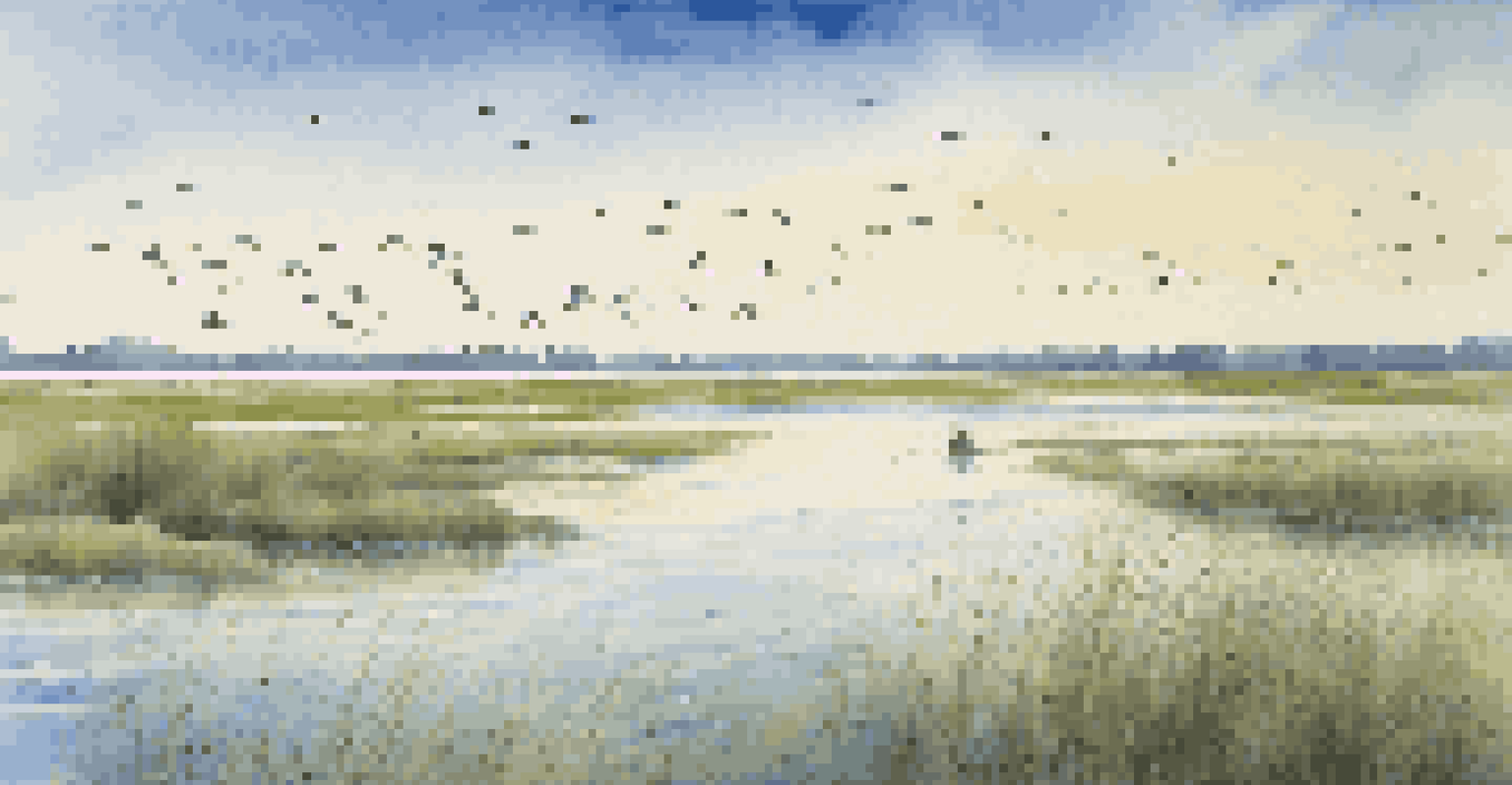A coastal wetland teeming with various migratory birds under a blue sky.