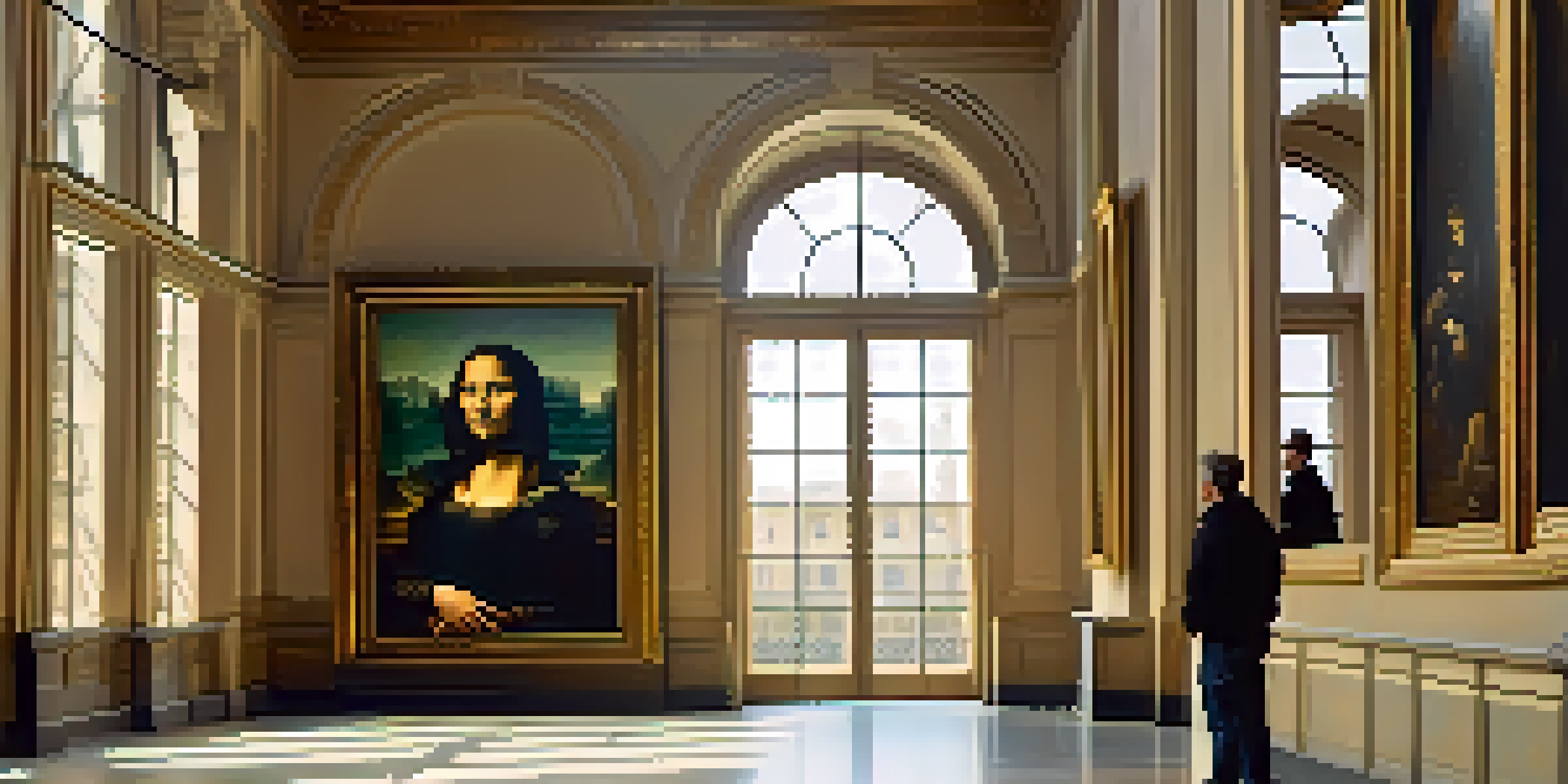 A traveler admiring the Mona Lisa in the Louvre, with sunlight streaming through large windows, highlighting the artwork and museum architecture.