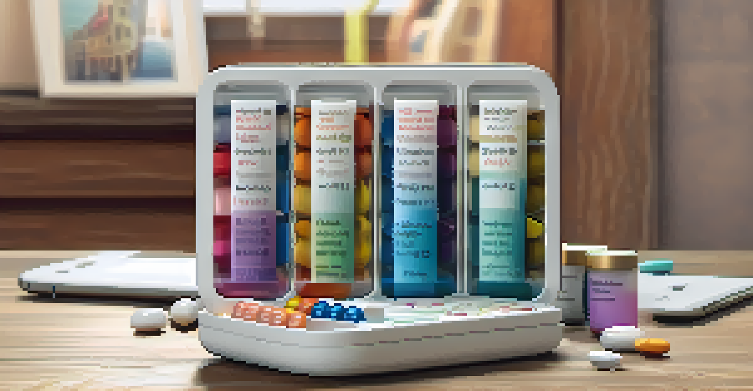 A colorful travel pill organizer next to a smartphone in a cozy hotel room, highlighting health management for seniors.