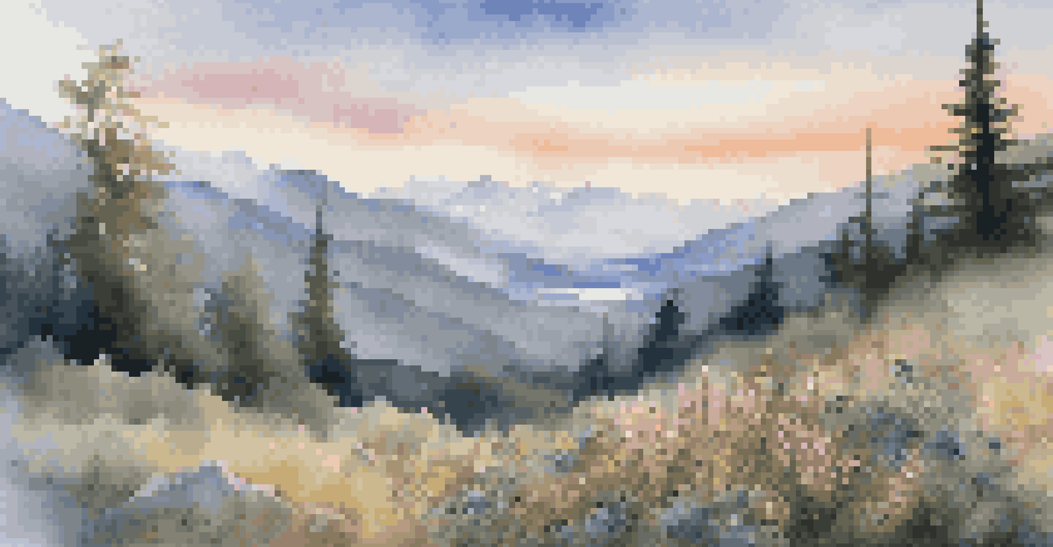 A breathtaking mountain landscape at dawn, with wildflowers in the foreground and mountains in the background, all in focus.