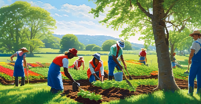 A group of diverse volunteers planting trees in a green field under a blue sky with sunlight filtering through the leaves.