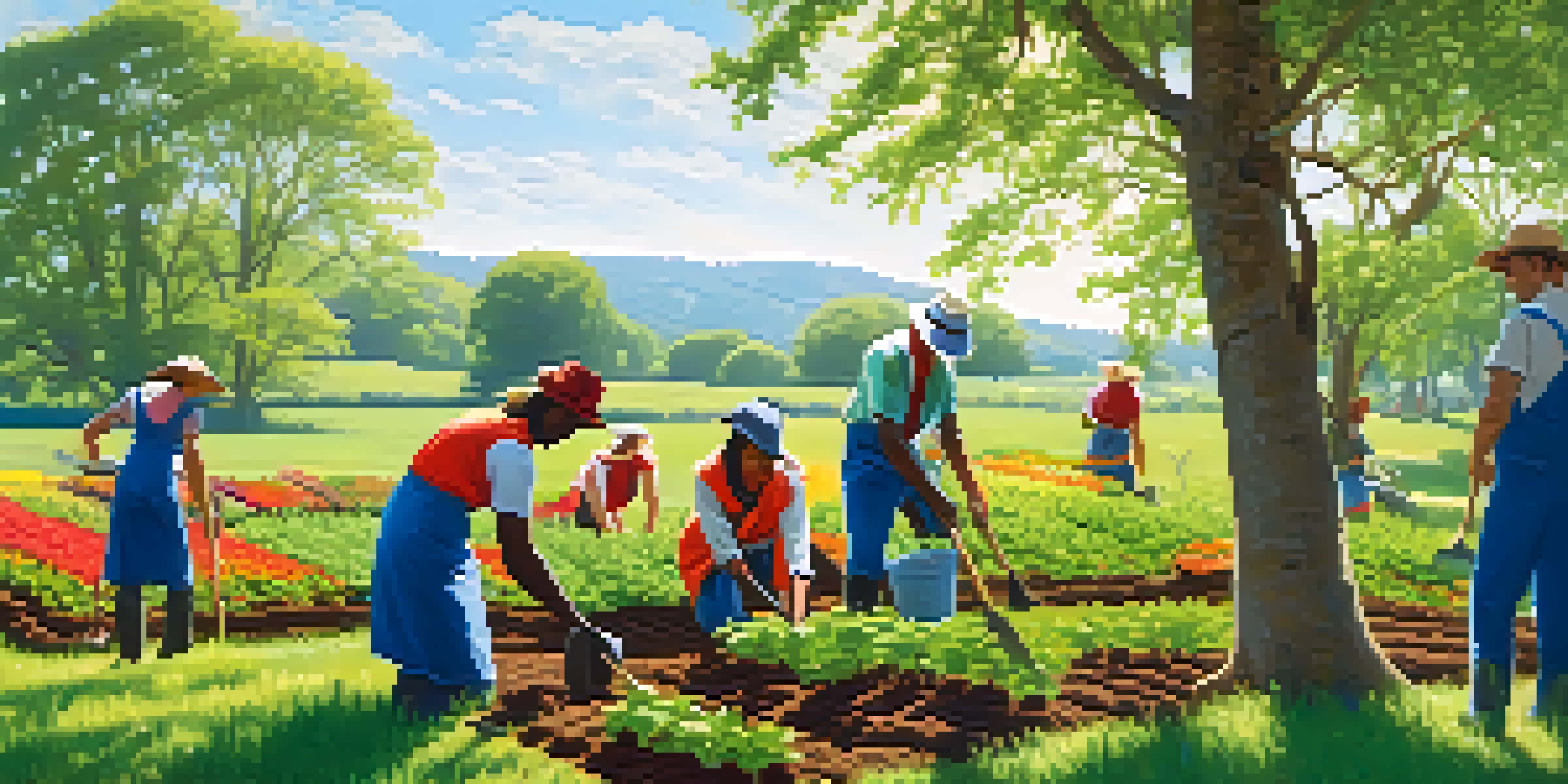 A group of diverse volunteers planting trees in a green field under a blue sky with sunlight filtering through the leaves.