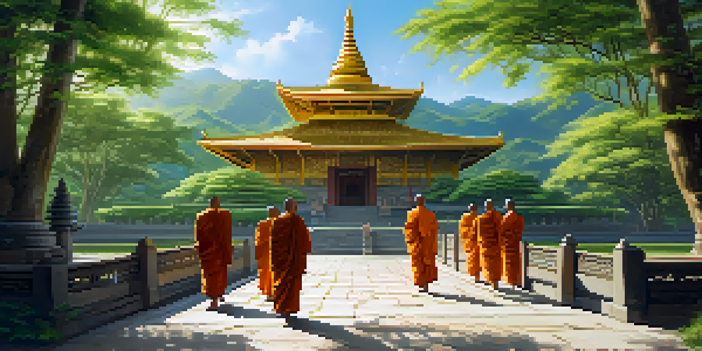 A tranquil Buddhist temple with monks in traditional robes walking along a stone path, surrounded by greenery and prayer flags.