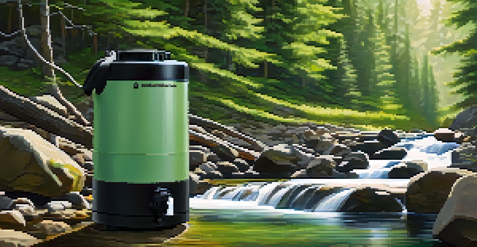 A portable water filtration system next to a clear mountain stream surrounded by greenery.