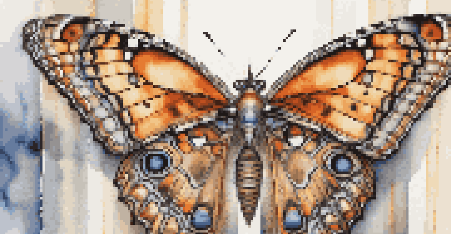 A close-up of a butterfly's wings, highlighting the colorful patterns and textures against a softly blurred background.